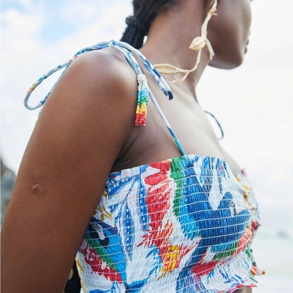 Farm Rio Macaw Wind Smocked Crop Top Beaded NEW​​​​ - Picture 3 of 9
